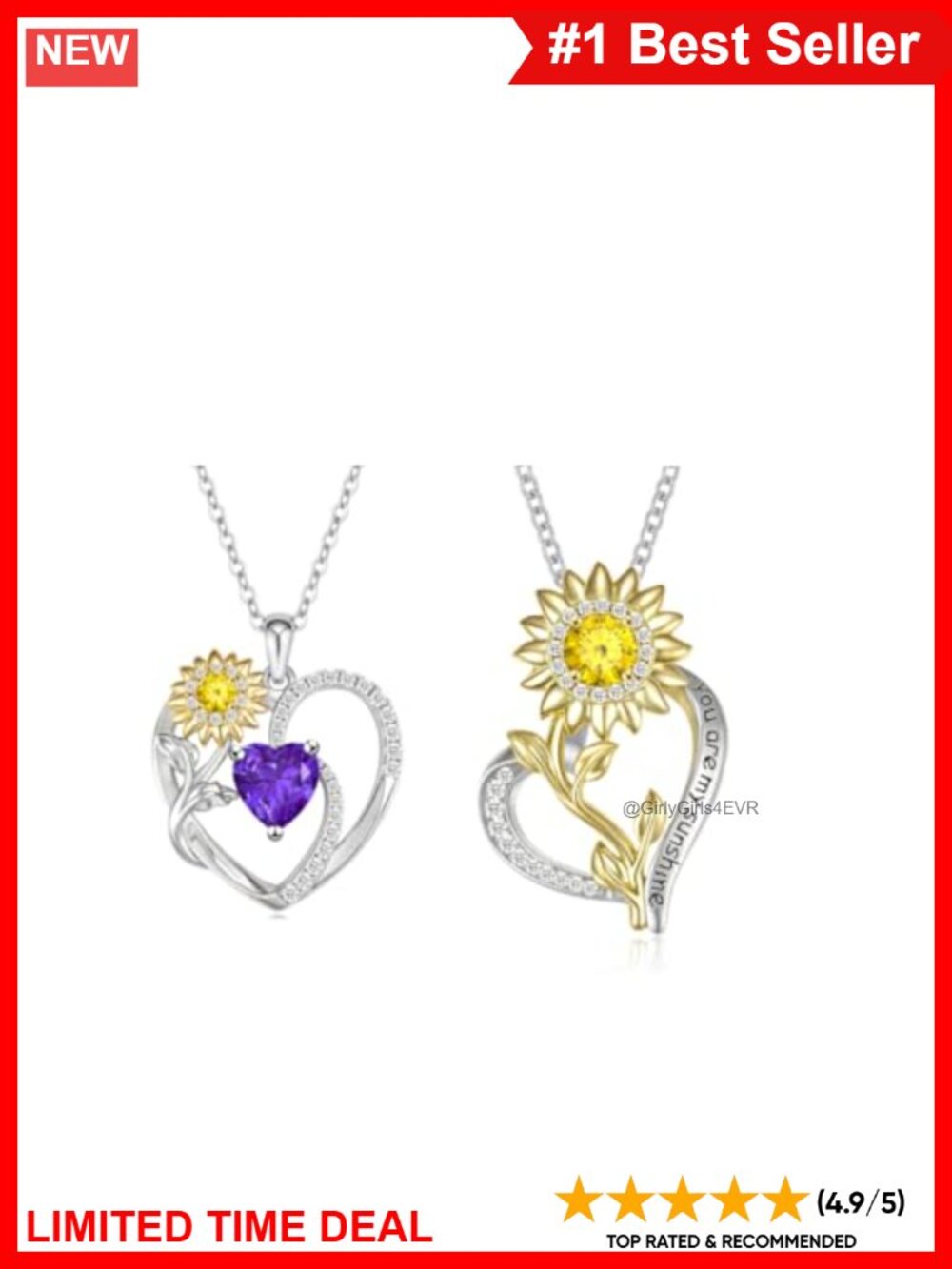 925 Sterling Silver 14K Gold Plated Sunflower Necklace Set Amethyst Heart